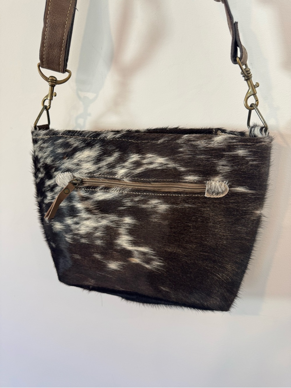 Myra Bag Hair-On Shoulder Bag, Black/White, Brown Leather - Picture 5 of 7